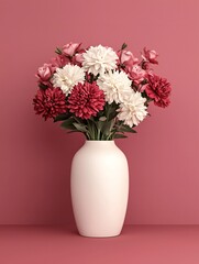 Fototapeta premium Valentine's Day Elegant Bouquet of Pink and Red Dahlias and Roses in White Vase against Dusty Rose Background