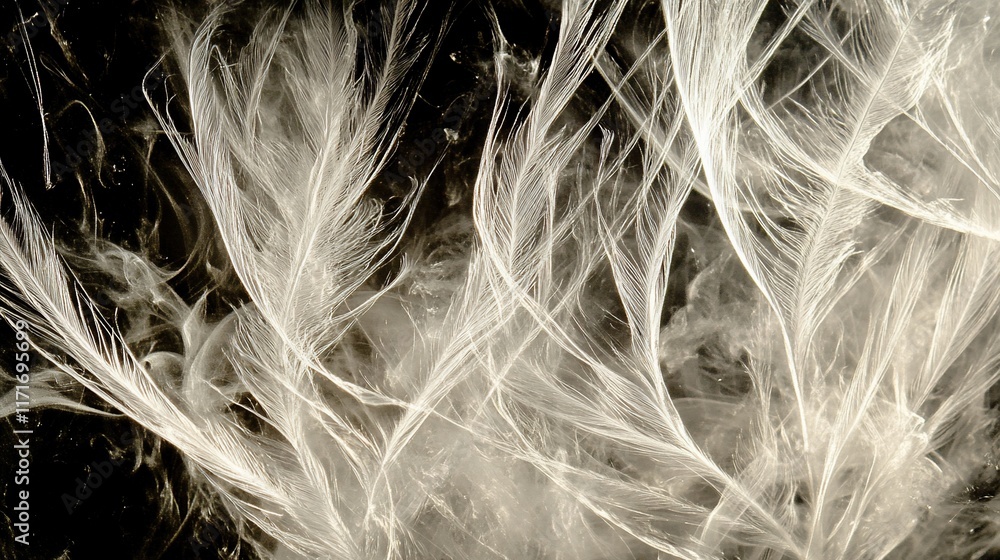 Poster Abstract image of delicate, white feathers on a dark background, creating a flowing, ethereal pattern.