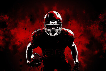 Football player clad in red uniform aggressively moves forward, gripping football tightly. Background features captivating red gradient, adding intensity to scene.