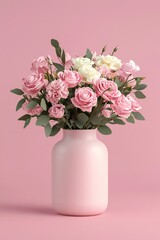 Fototapeta premium Valentine's Day Elegant Pink Rose and Lisianthus Bouquet in Pastel Vase Romantic Floral Arrangement Spring Flowers