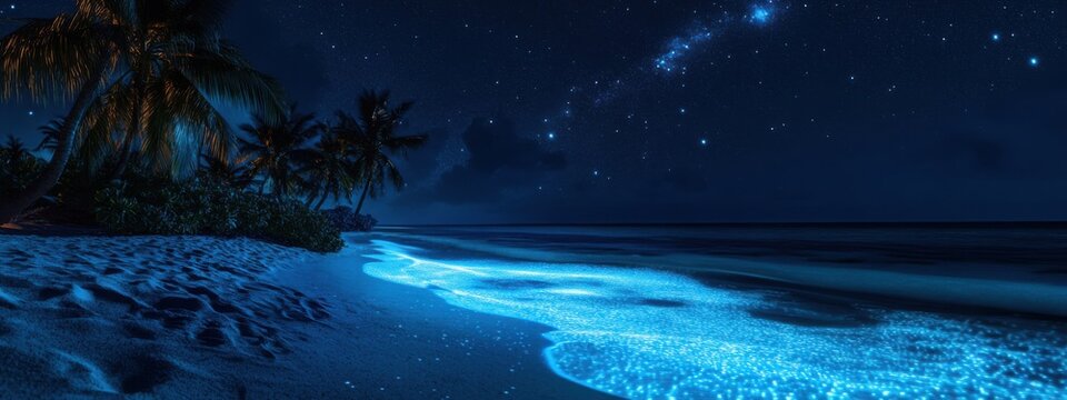 A mesmerizing view of the bioluminescent beaches in Vaadhoo Island, Maldives, Coastal scene