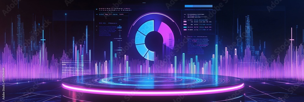 Aufkleber Futuristic digital data visualization with a pie chart on a platform, surrounded by glowing neon lines and digital sound waves.