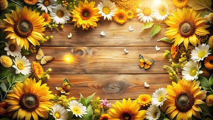 Floral harvest frame with blooming sunflowers and wildflowers on rustic wood, digital artwork 