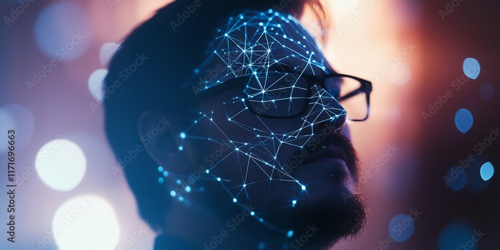 Poster Man's face overlaid with glowing network lines, bokeh background.