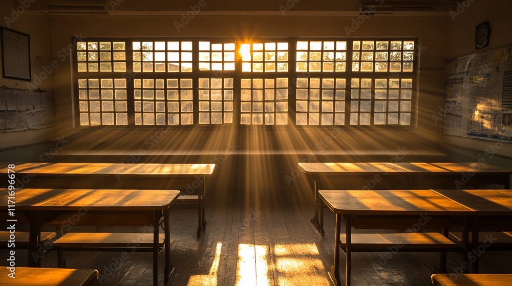 Aufkleber Sunbeams stream through large classroom windows illuminating empty desks.