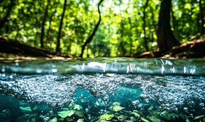 Fototapeta premium Bubbles rise in clear stream, lush green forest background.