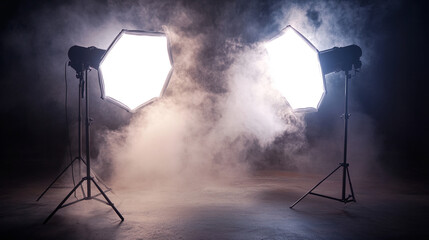Professional studio lighting with softbox and fog for dramatic photography setup