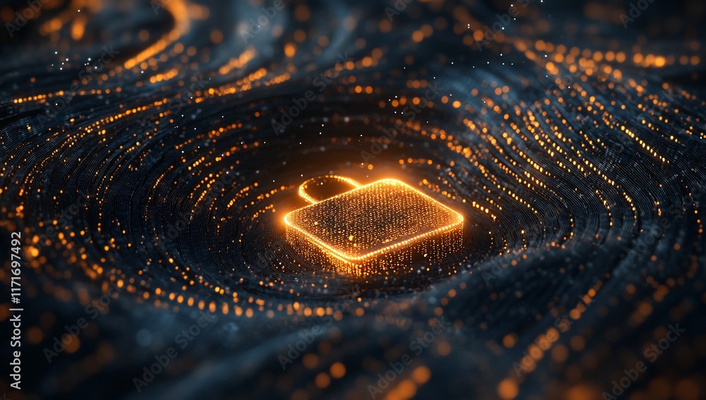 Poster glowing padlock icon formed by particles, digital security concept.