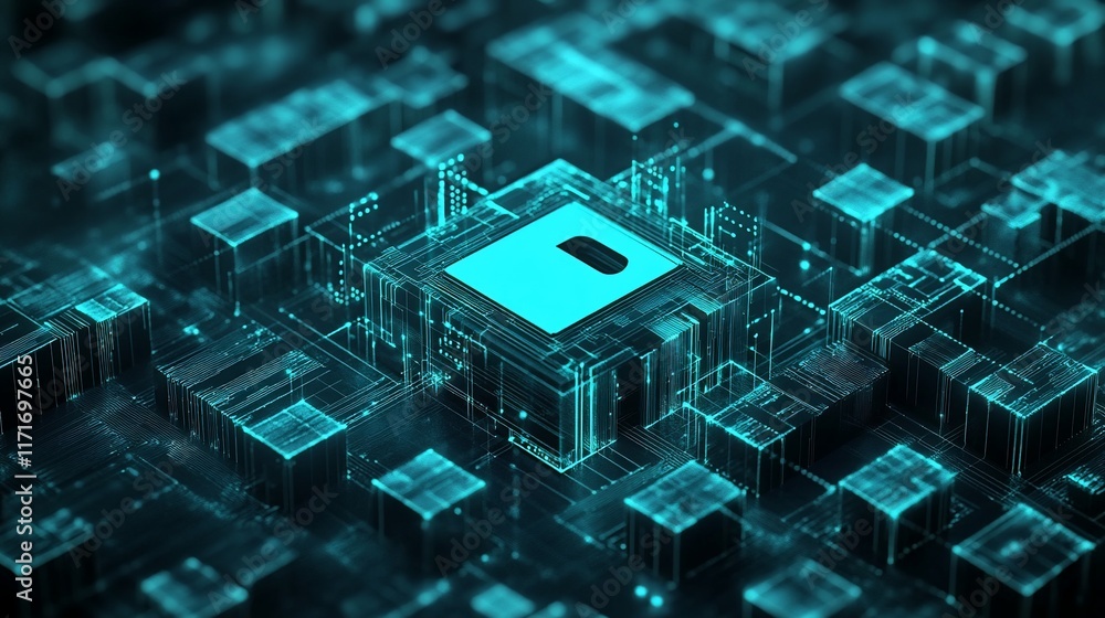 Poster Abstract digital security concept; glowing cyan padlock on a microchip.