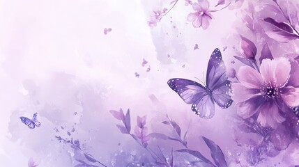 Spring season on watercolor texture background. Hand drawn floral and insect wallpaper with purple flowers, butterflies, leaf. Blossom garden art design for banner, cover, decoration, poster.