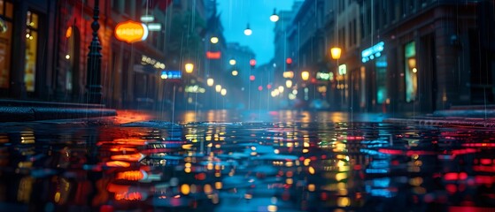Obraz premium A serene night view of a rain-soaked street reflecting vibrant city lights.