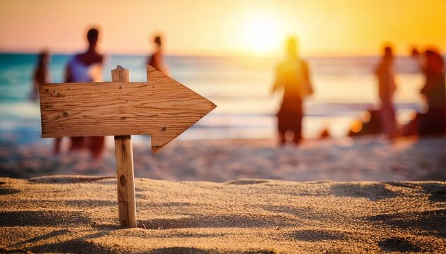 seta de madeira apontando na areia da praia, conceito viagem e f&eacute;rias - Generated image