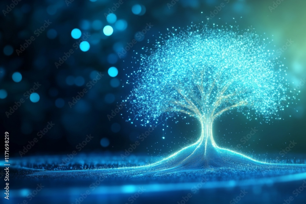 Poster tree with a blue trunk and branches is floating in the water