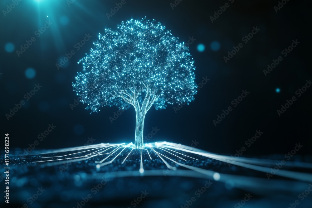 Poster tree made of lines is shown in a dark background