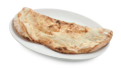 One delicious stuffed calzone isolated on white