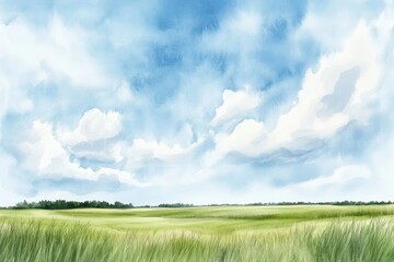Fototapeta premium Painting of a field with a blue sky and clouds