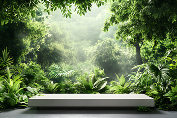 3d podium background product green nature forest, green plant, pedestal white color stone display product cosmetic podium mockup, dynamic mysterious forest studio backdrops