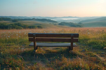 A serene view of a wooden bench overlooking a peaceful countryside with rolling hills and a misty morning.