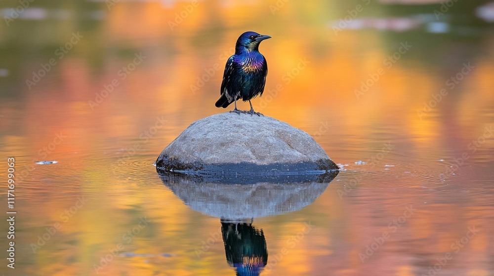 Poster iridescent bird perched on rock in colorful water reflection.