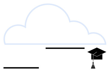 Cloud backdrop paired with a graduation hat conveys educational innovation, online learning, and digital advancement. Ideal for education, e-learning, digital tools, innovation, knowledge sharing