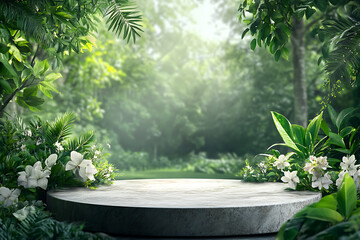 3d podium background product green nature forest, green plant, pedestal stone display product cosmetic podium mockup, dynamic mysterious forest studio backdrops