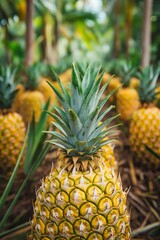 Obraz premium A vibrant arrangement of ripe pineapples, exuding freshness in a lush tropical environment.
