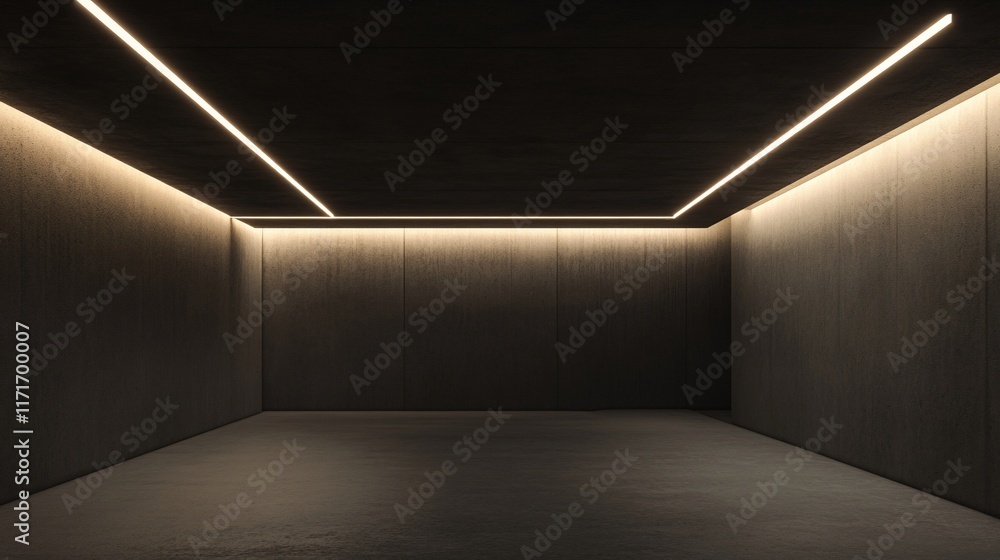 Poster dark room with subtle linear lighting on the ceiling and walls.