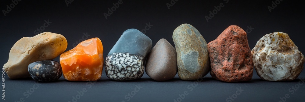 Aufkleber collection of colorful stones arranged in a row against a dark background.
