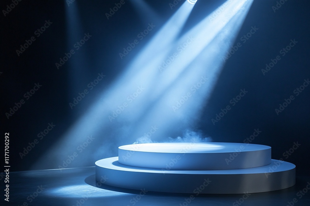 Poster illuminated circular stage platform with spotlights and atmospheric smoke.
