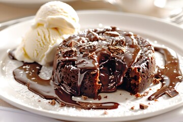 Rich chocolate lava cake served with vanilla ice cream and drizzled with chocolate sauce on a white plate. Perfect for gourmet dessert menus and celebrations.