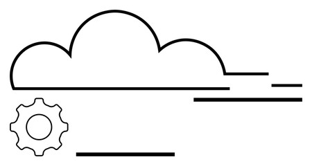 Gear integrated with a cloud icon and dynamic lines symbolizes cloud computing, automation, data flow, and technology. Ideal for IT, networking, innovation, software, digital transformation storage