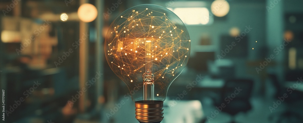 Aufkleber glowing lightbulb with intricate network inside, blurred office background.