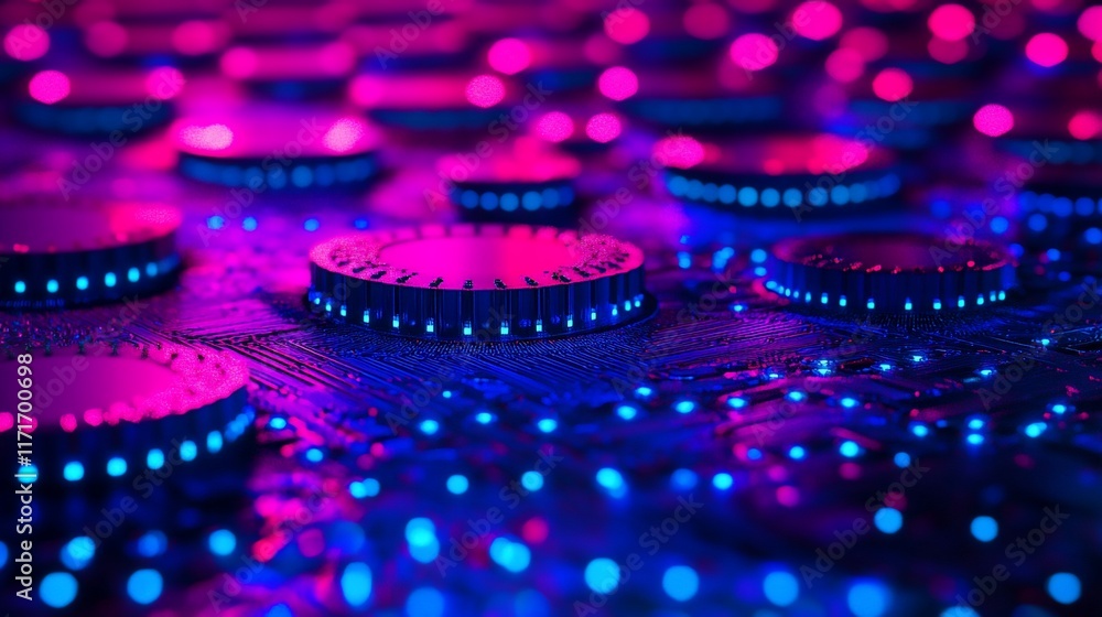 Poster close-up of a futuristic circuit board with glowing components and vibrant pink and blue lighting.