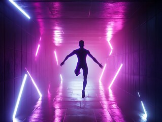 Silhouette Leaps Through Neon Lit Corridor