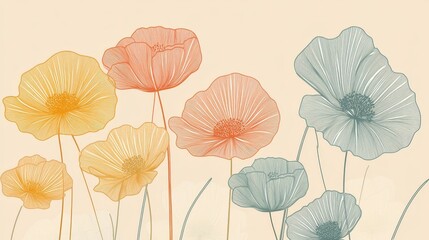 A soft illustration of colorful flowers with delicate lines and pastel hues.