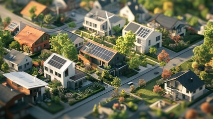 Obraz premium Eco-friendly neighborhood; solar homes, green spaces.
