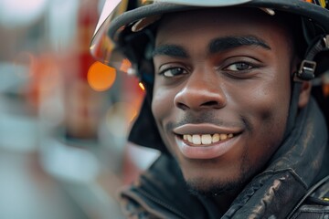 A smiling firefighter in uniform, showcasing courage and dedication to saving lives and ensuring safety.
