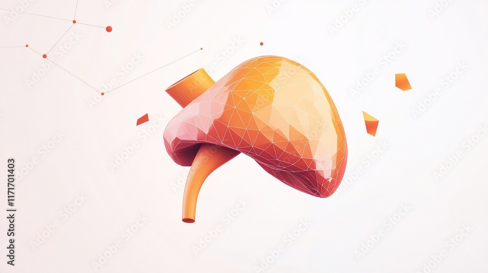 Poster low-poly 3d model of a human liver, orange and red gradient, against white background with connectin