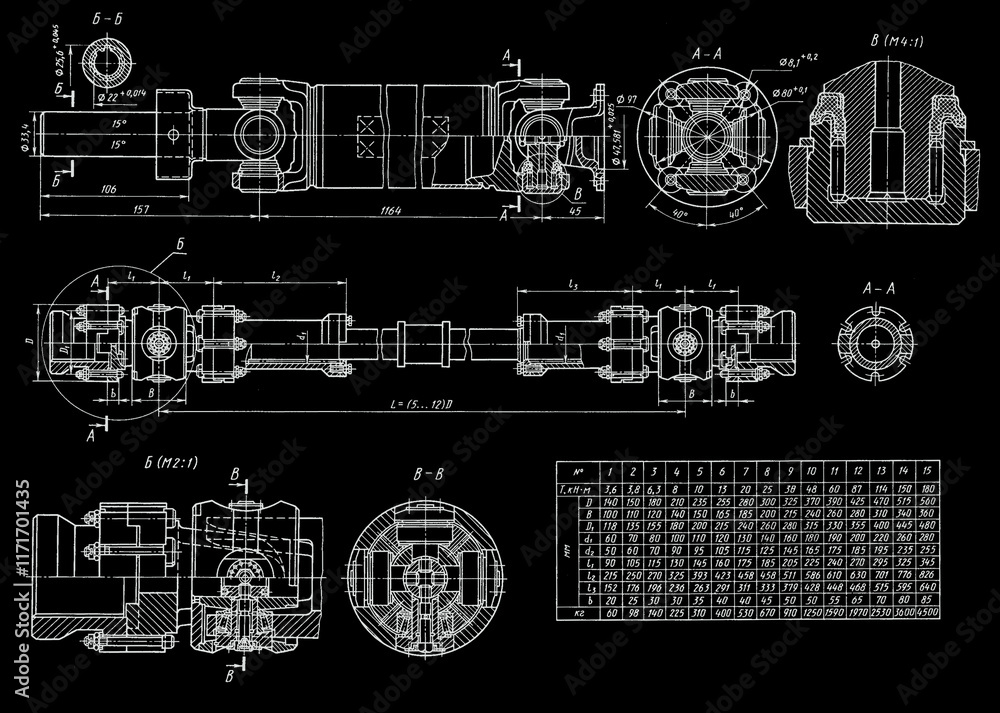 Aufkleber engineering technical drawing of driveshaft of car with size table. set of cad schemes of automobile