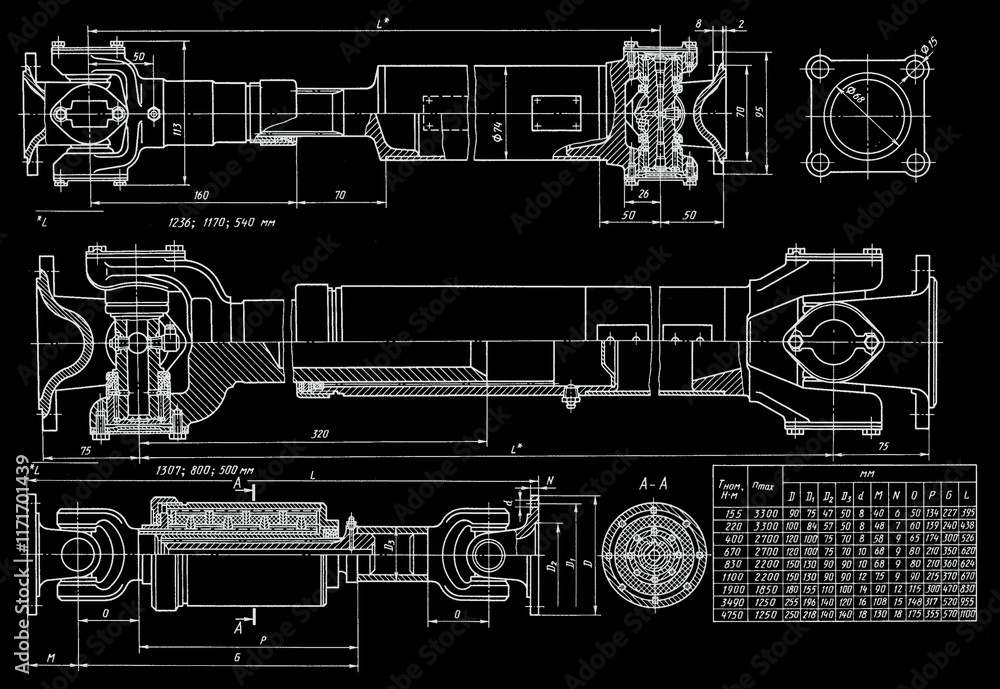 Poster engineering technical drawing of driveshaft of car with size table. set of cad schemes of automobile