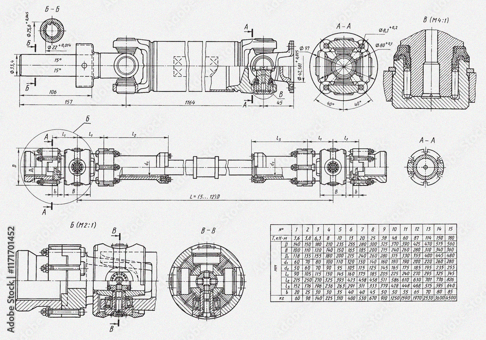 Poster engineering technical drawing of driveshaft of car with size table. set of cad schemes of automobile