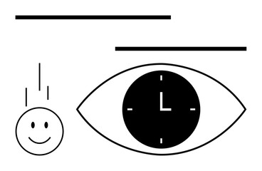happy face with descending lines, eye integrated with clock face, and bold horizontal lines. Ideal for concepts thumbs up time, perception, positivity, focus, mindfulness and productivity. Abstract