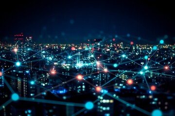 Obraz premium Night city lights; interconnected network glowing.