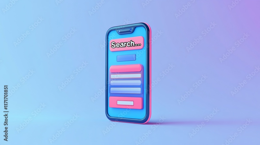 Poster 3D render of a smartphone displaying a search interface.