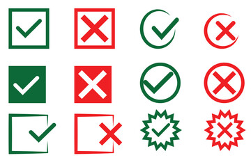 Tick and cross checkmark icon. Check mark and wrong mark icon design. Yes and no buttons. Yes and no buttons, check mark icons. Set of red X and green check mark icons. Vector illustration.