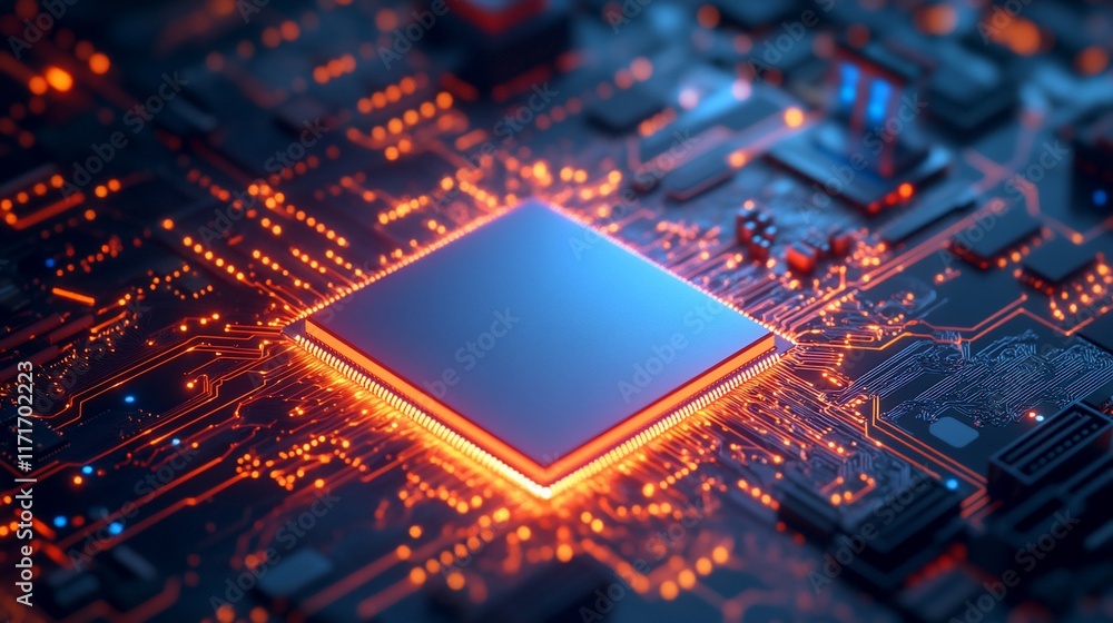 Poster Close-up of a glowing central processing unit (CPU) on a circuit board.