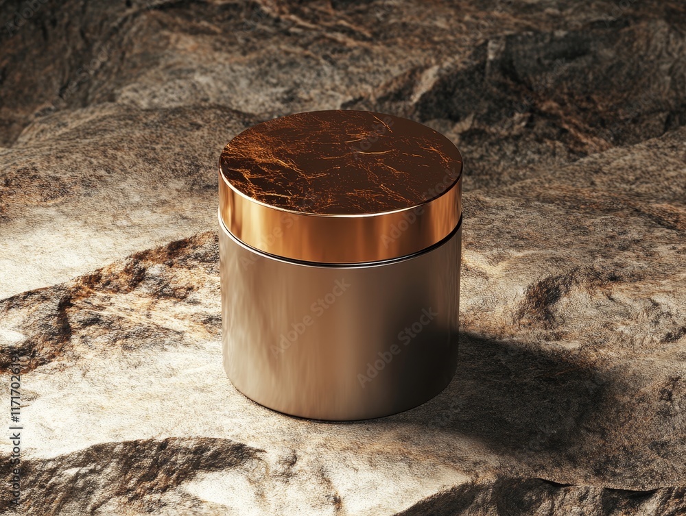 Poster a sleek, modern container with a metallic lid resting on a textured surface.
