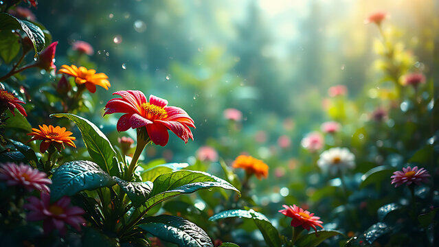 A vibrant garden scene showcasing various flowers, predominantly red and orange, with lush green fol