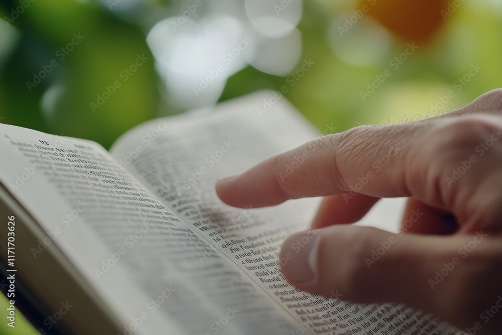 Poster man is pointing at a page in a book