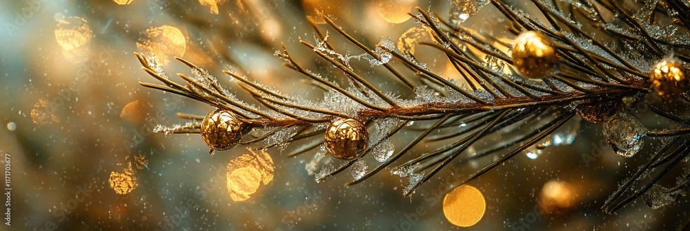 Aufkleber close-up of iced pine branch with golden ornaments and bokeh lights.